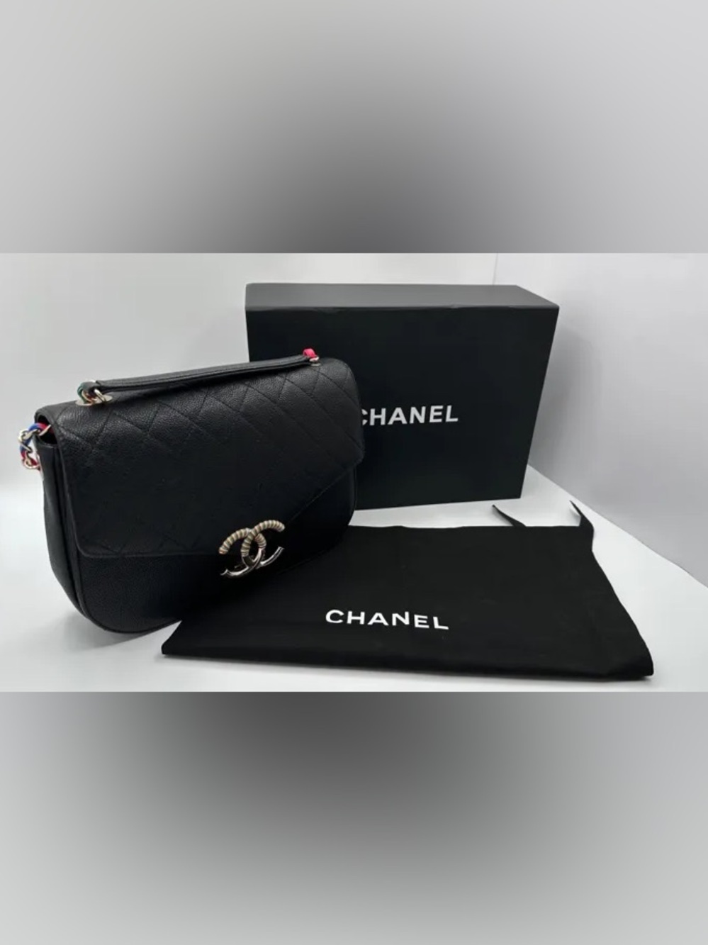 Chanel Black Caviar Rainbow Woven Chain Flap Bag Set